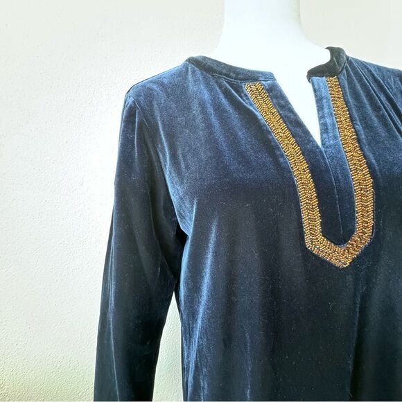 Susan Graver Artisan Velvet Blue Tunic Gold Bead Trim Long Sleeve Size Small - Picture 9 of 11